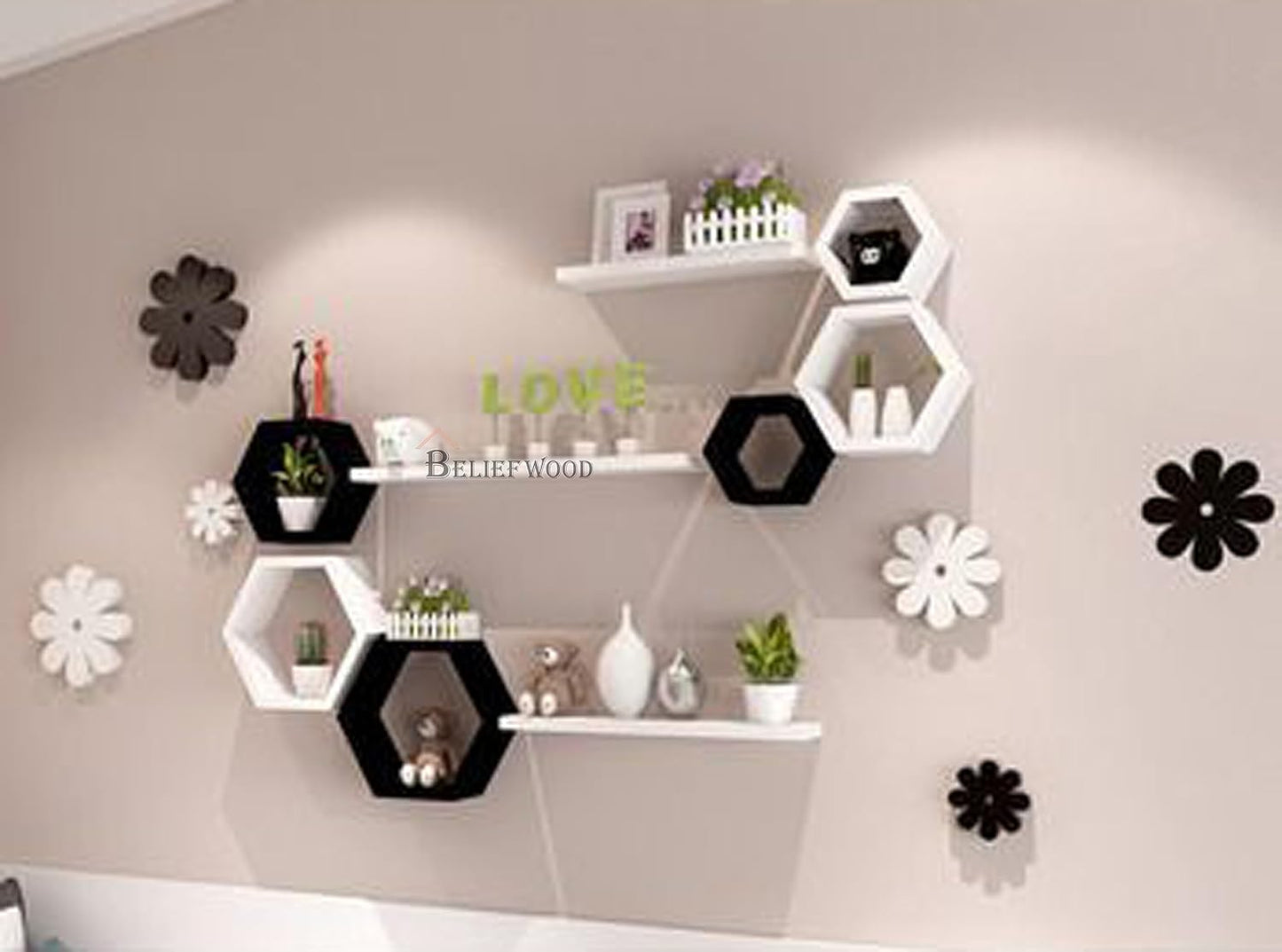 Wooden Hexagon Floating Wall Mounted Shelves Honeycomb Shelves Set of 6 Shelf for Wall Decor White Decorative Wall Shelves Living Room Bathroom Kitchen Office (Black & White)