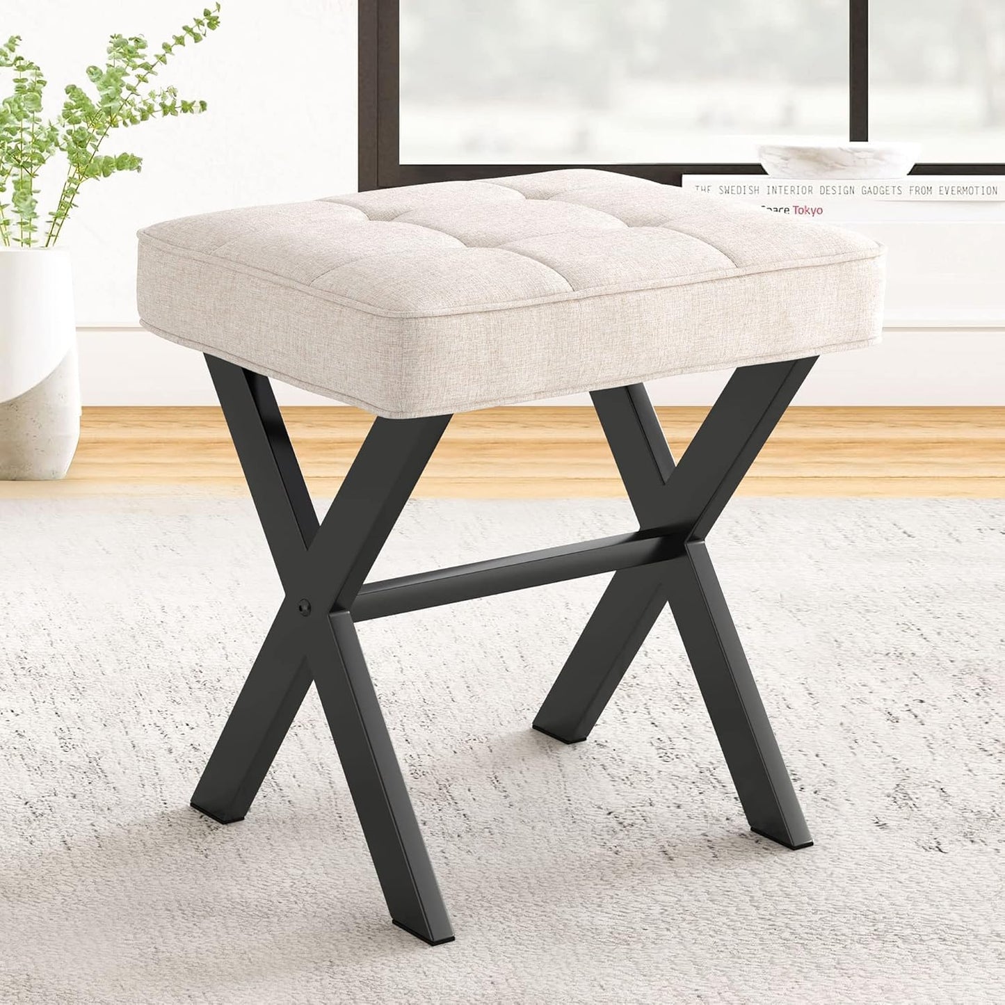 Upholstered Ottoman Stool with Tufted Seat, Black X-Shaped Legs, 50 cm x 50 cm x 35 cm (White)