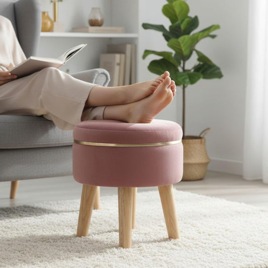 Ottoman Stool for Living Room Foot Rest | Velvet Small Ottoman Foot Stool | Solid Wood Legs | Footstool Puffy for Home, Bedroom & Makeup Table | 30 x 30 cm (12 x 12 Inch) | Gajri