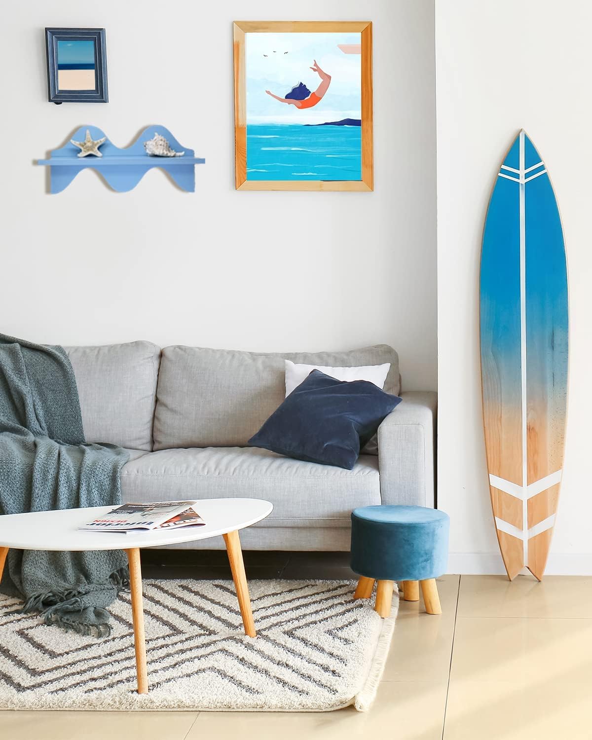 Decorative Wave Wall Shelf, Light Blue Wood, Nautical Beach Theme, Single Tier Floating Display