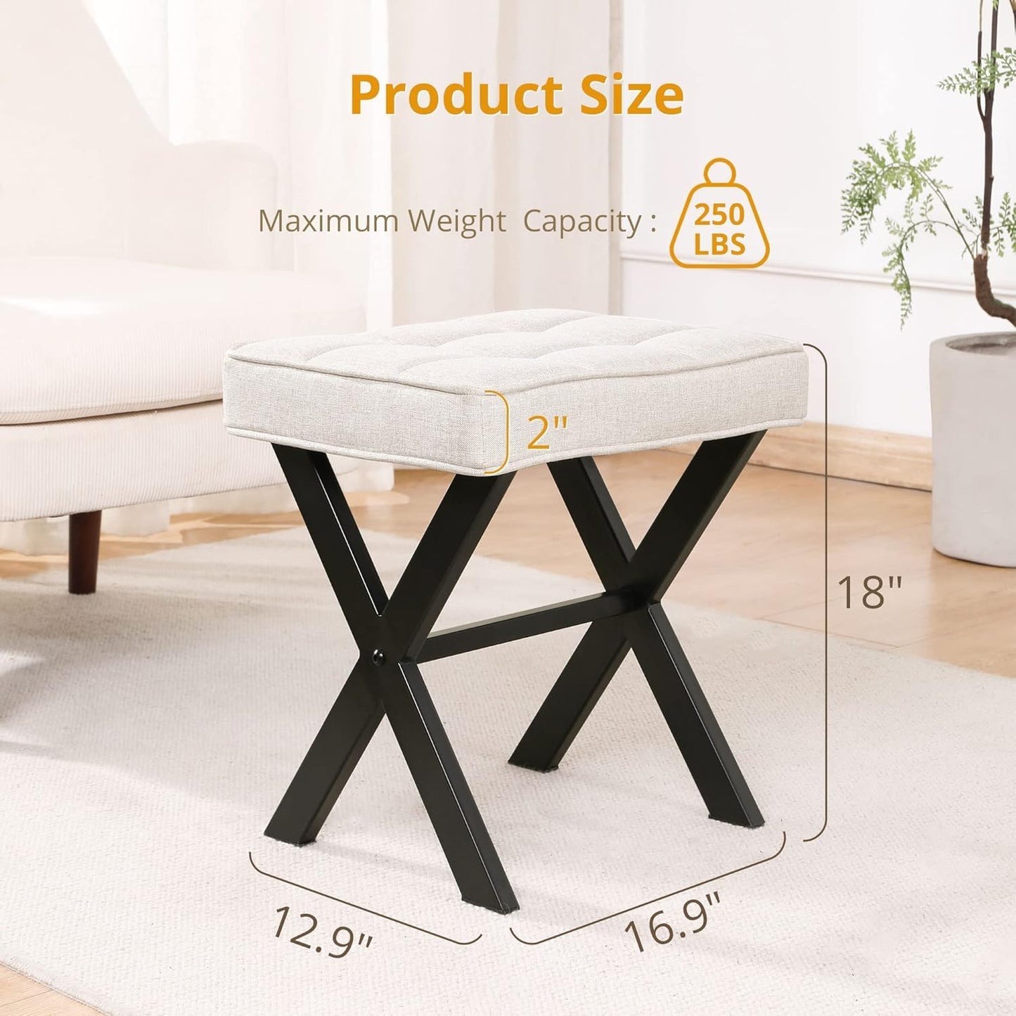 Upholstered Ottoman Stool with Tufted Seat, Black X-Shaped Legs, 50 cm x 50 cm x 35 cm (White)