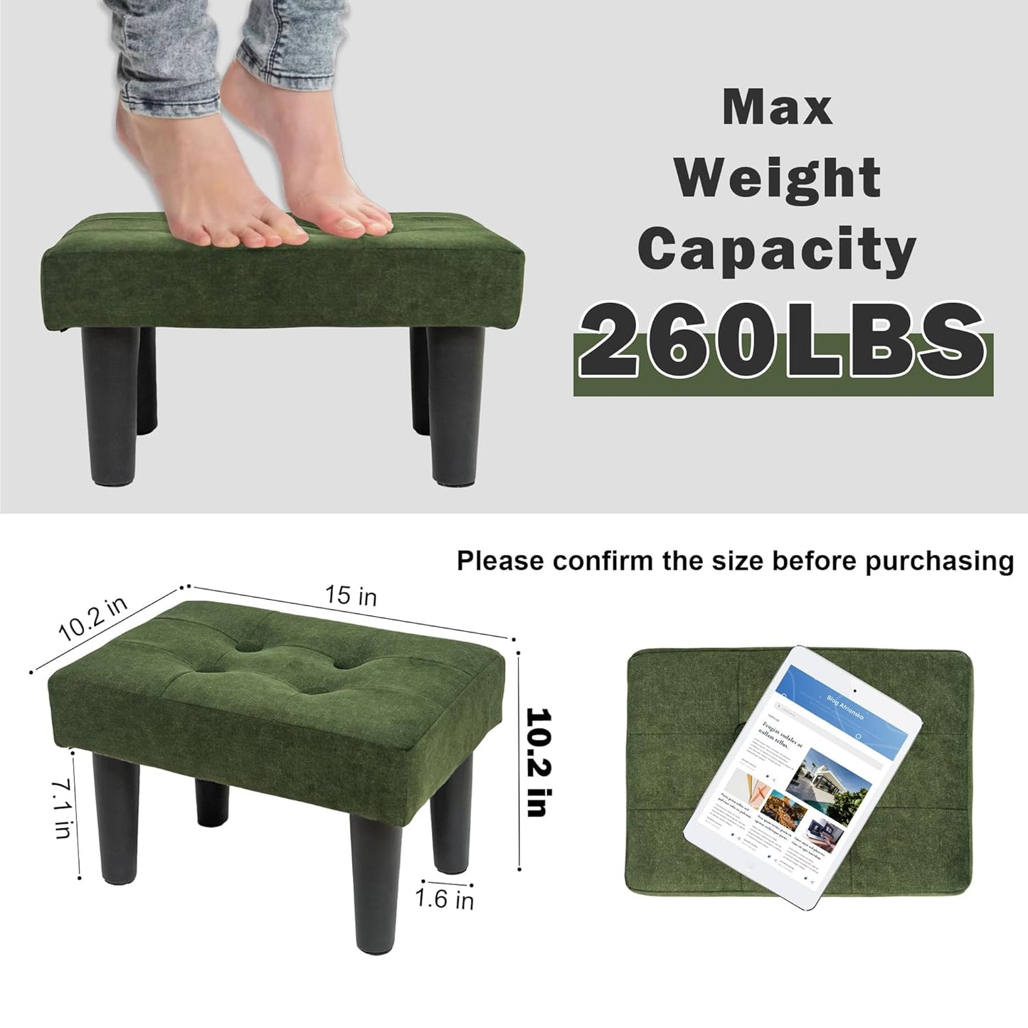 Ottoman Foot Rest, Suede Small Ottoman Foot Stool with Legs Modern Footstool Ottomans for Living Room Entryway Office, Green