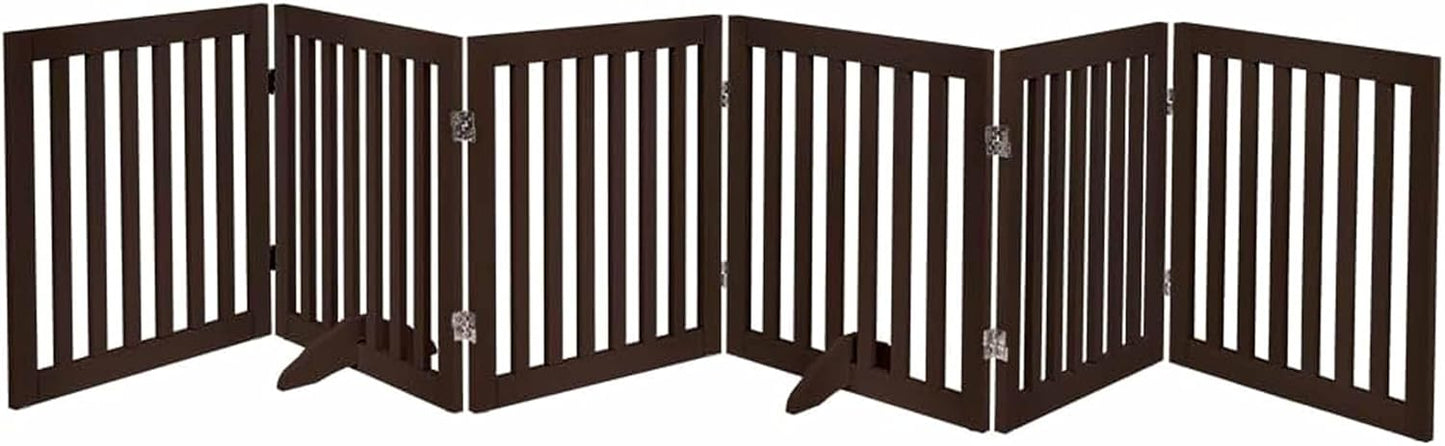 Freestanding Dog Gate | Foldable Wooden Pet Safety Gate for Dogs & Kids | Indoor Barrier with Support Feet for Stairs, Doorways, Hallways & Kitchens - 24" (Brown, 6 Panel)