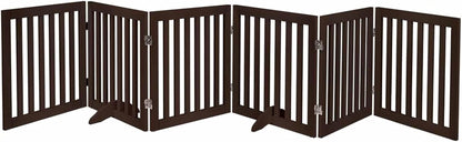 Freestanding Dog Gate | Foldable Wooden Pet Safety Gate for Dogs & Kids | Indoor Barrier with Support Feet for Stairs, Doorways, Hallways & Kitchens - 24" (Brown, 6 Panel)