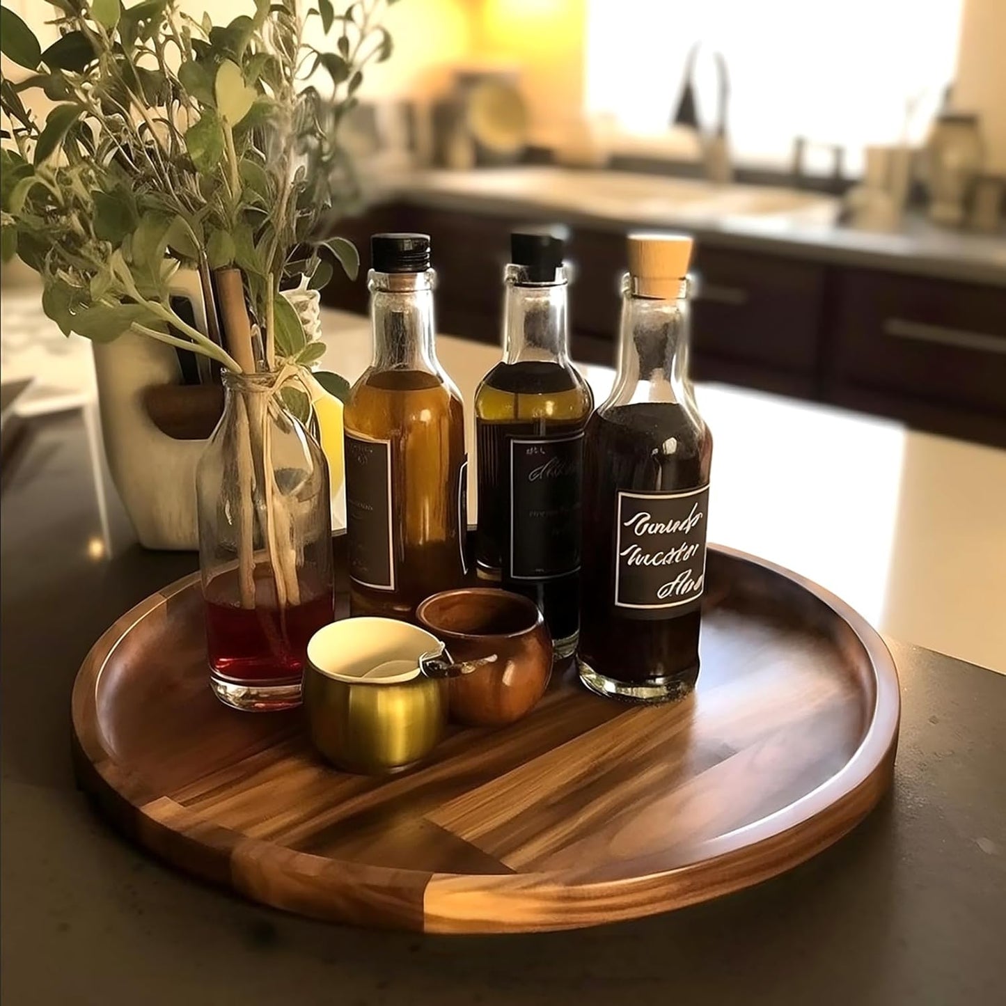 Round Wood Tray Made of Acacia Wood,Decorative Tray for Kitchen Dining Room Table Wood Tray for Home Decor Coffee Table and Home Decor