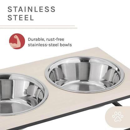 Elevated Dog Bowl Stand with Wooden Top, Metal Frame, 2 Stainless Steel Bowls, Modern Raised Feeder for Small & Medium Dogs
