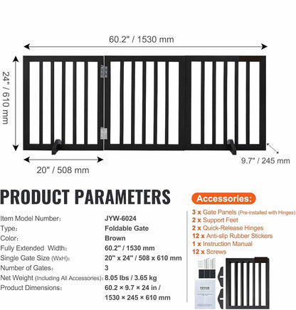 Freestanding Dog Gate | Foldable Wooden Pet Safety Gate for Dogs & Kids | Indoor Barrier with Support Feet for Stairs, Doorways, Hallways & Kitchens - 24" (Brown, 3 Panel)