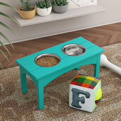 Double Elevated Feeder Wooden Large Dog Food Dinner pet Stand Cat Feeder Stand with 2 Stainless Steel Small Bowls & Wooden Stand Made by Handmade (Turquoise)