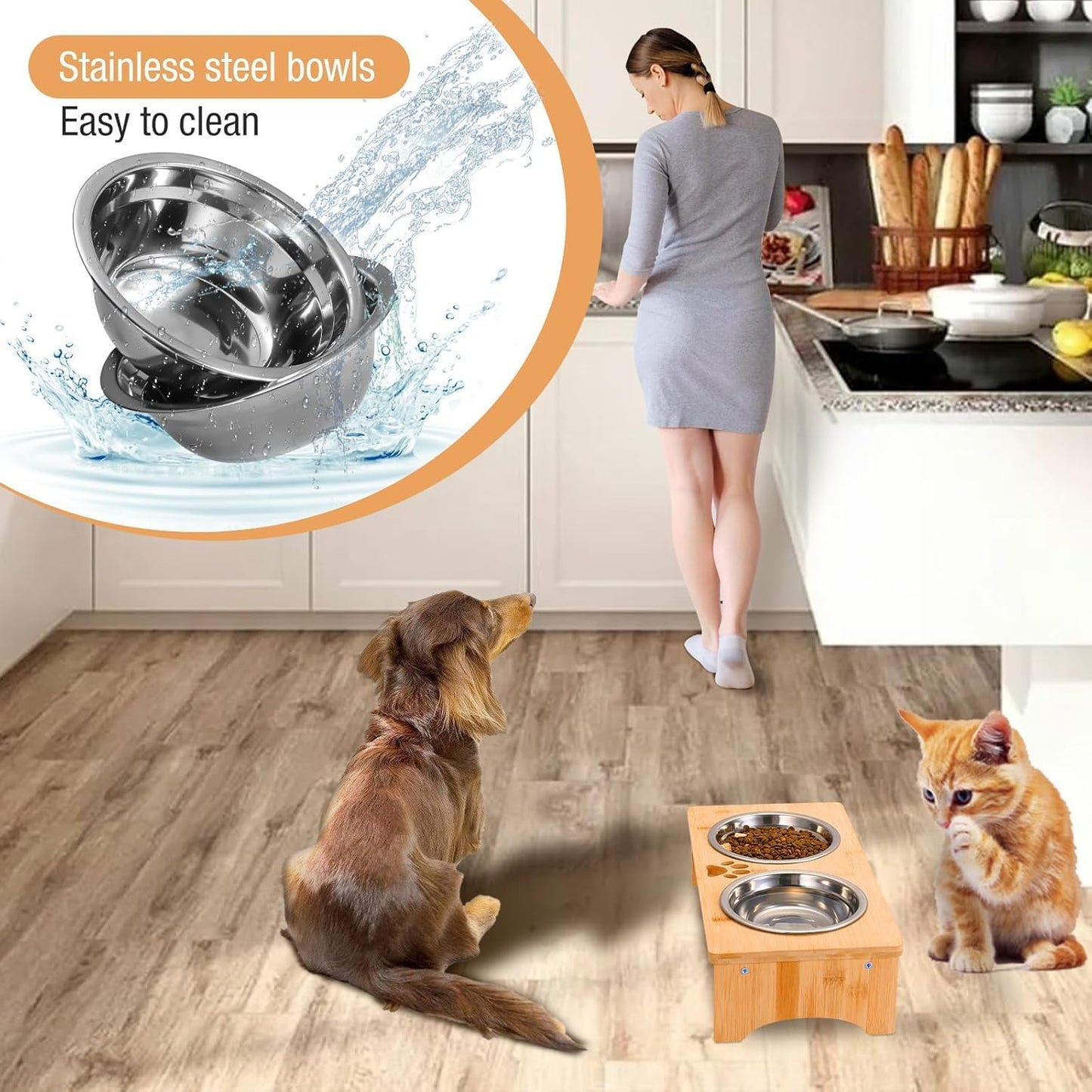 Elevated Pet Feeding Station, 38 cm Stand with 2 Stainless Steel Bowls, Dog Bowl Stand, Raised Dog Bowls for Small Dogs, Dog Food Bowls, Non-Slip Dog & Cat Feeder