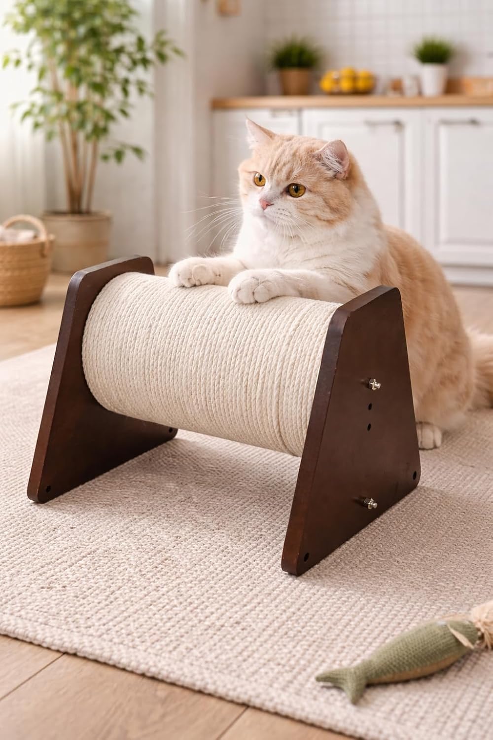 Cat Scratch Roller with Wooden Stand, Sisal Rope Scratching Post, Dark Walnut Brown, Floor Standing