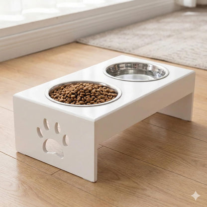 Pet Feeder Stainless Steel Food & Water Bowls with Stand | MDF Wood Elevated Dog Feeding Station with Double Bowl Design | Raised Feeding Stand for Medium & Large Dogs | White Finish | 40 x 25 x 25 cm