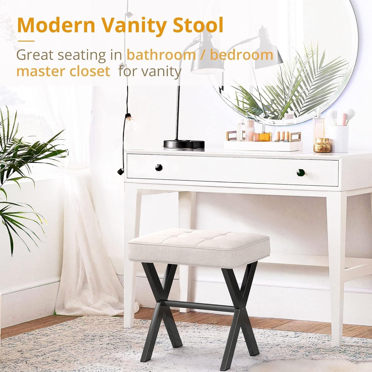 Upholstered Ottoman Stool with Tufted Seat, Black X-Shaped Legs, 50 cm x 50 cm x 35 cm (White)