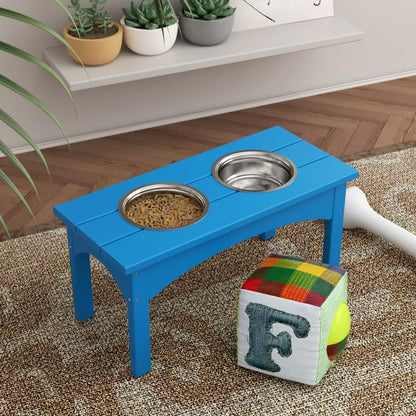 Double Elevated Feeder Wooden Large Dog Food Dinner pet Stand Cat Feeder Stand with 2 Stainless Steel Small Bowls & Wooden Stand Made by Handmade (Pacific Blue)