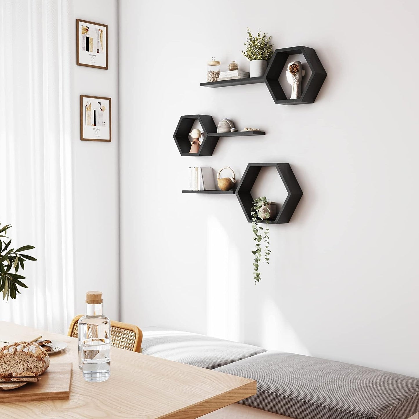 Wooden Hexagon Floating Shelves Wall Mounted Honey Comb Shelf Set of 6 Wall Decor White Wall Shelve for Bedroom Living Room Bathroom Kitchen Office (Black)