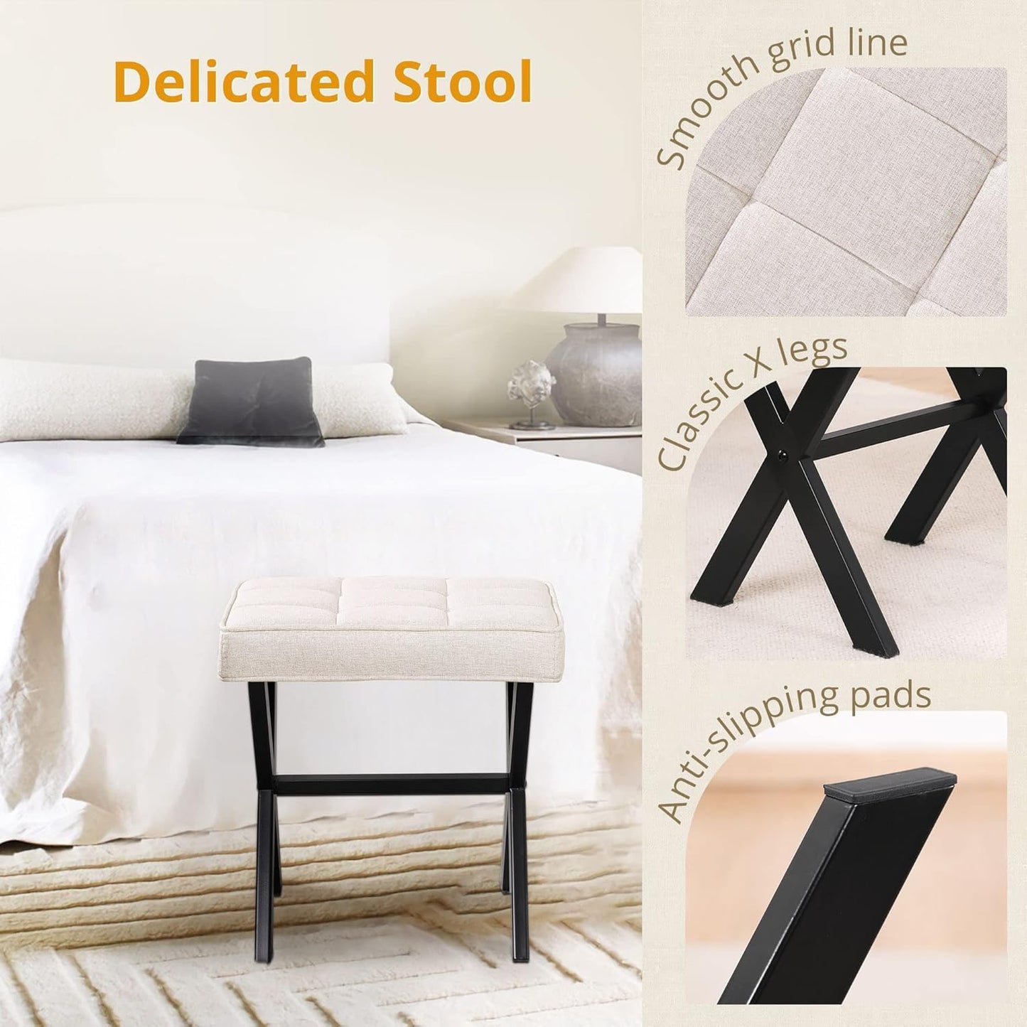 Upholstered Ottoman Stool with Tufted Seat, Black X-Shaped Legs, 50 cm x 50 cm x 35 cm (White)