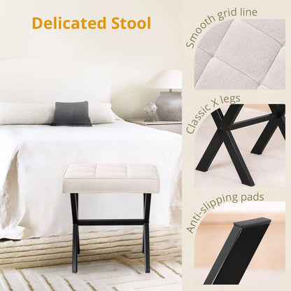 Upholstered Ottoman Stool with Tufted Seat, Black X-Shaped Legs, 50 cm x 50 cm x 35 cm (White)