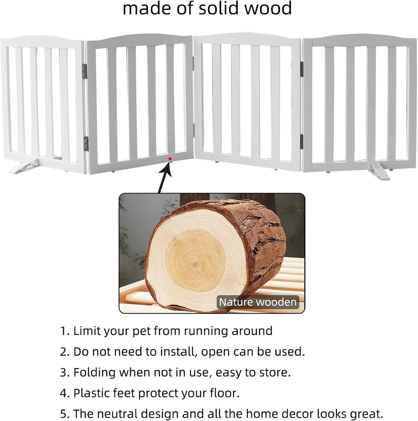 Freestanding Dog Gate | Foldable Wooden Pet Safety Gate for Dogs & Kids | Indoor Barrier with Support Feet for Stairs, Doorways, Hallways & Kitchens - 24" (White, 4 Panel)