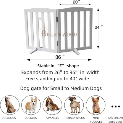 Freestanding Dog Gate | Foldable Wooden Pet Safety Gate for Dogs & Kids | Indoor Barrier with Support Feet for Stairs, Doorways, Hallways & Kitchens - 24" (White, 2 Panel)