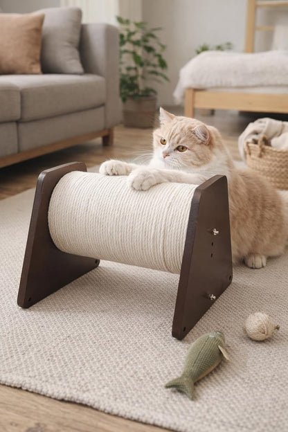 Cat Scratch Roller with Wooden Stand, Sisal Rope Scratching Post, Dark Walnut Brown, Floor Standing