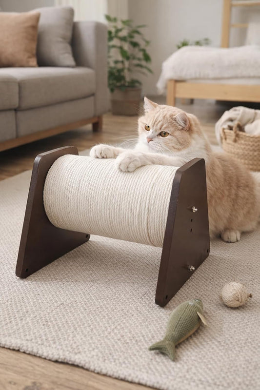 Cat Scratch Roller with Wooden Stand, Sisal Rope Scratching Post, Dark Walnut Brown, Floor Standing