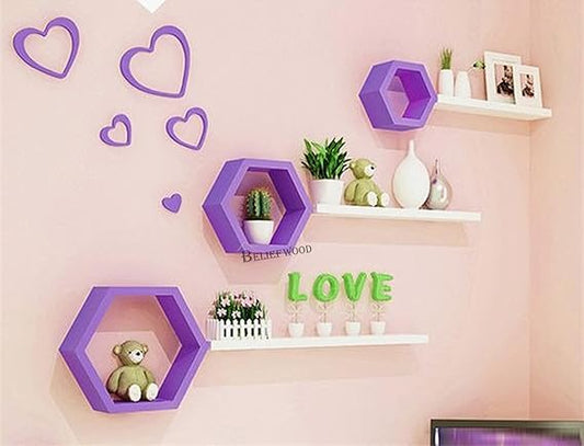 Floating Wall Mounted Set of 3 Hexagonal Engineered Wood Shelves, Honeycomb Wall Shelf, 3 Hexagon with 3 Shelves for Living Room (Purple)
