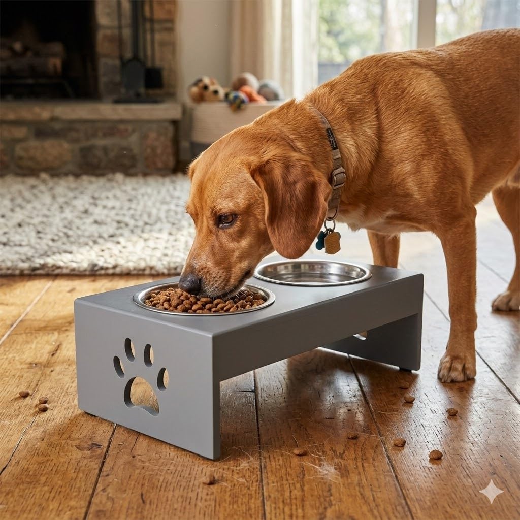 Pet Feeder Stainless Steel Food & Water Bowls with Stand | MDF Wood Elevated Dog Feeding Station with Double Bowl Design | Raised Feeding Stand for Medium & Large Dogs | 40 x 25 x 25 cm (Grey)