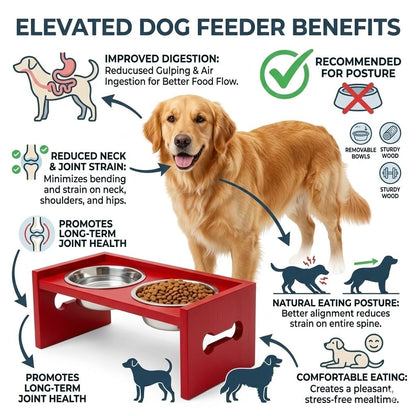 Elevated Wooden Dog Feeder with Stainless Steel Bowls | Raised Pet Food Stand for Dogs & Cats Feeding Station with Bone Cutout Design | Double Bowl Pet Feeding Table (Red)