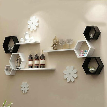 Wooden Hexagon Floating Wall Mounted Shelves Honeycomb Shelves Set of 6 Shelf for Wall Decor White Decorative Wall Shelves Living Room Bathroom Kitchen Office (Black & White)