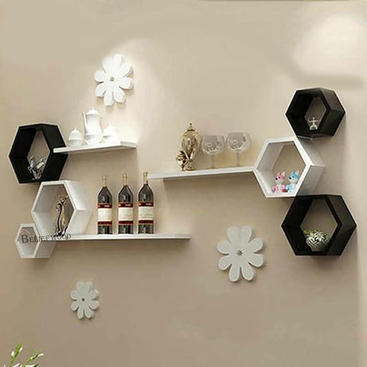 Wooden Hexagon Floating Wall Mounted Shelves Honeycomb Shelves Set of 6 Shelf for Wall Decor White Decorative Wall Shelves Living Room Bathroom Kitchen Office (Black & White)