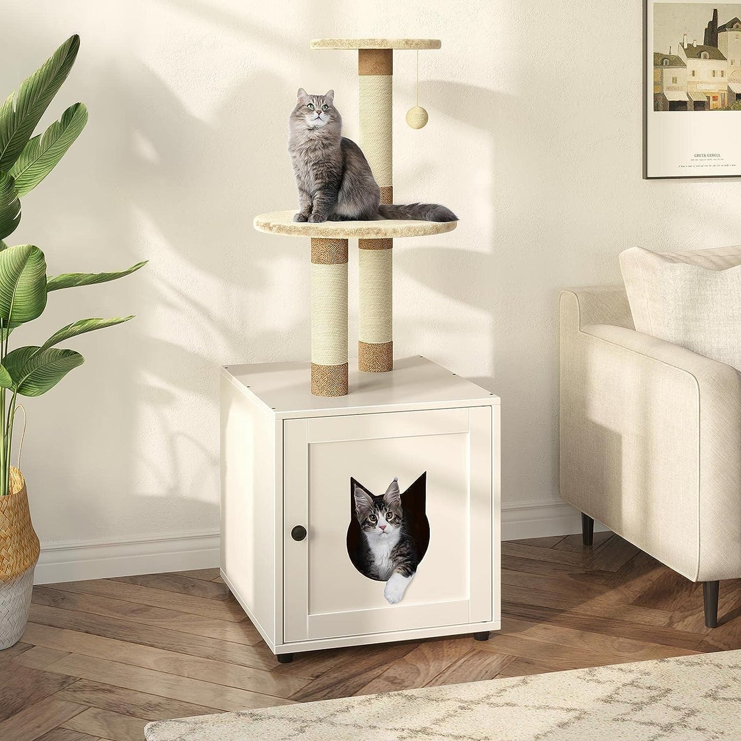 Cat House Tree Condo with Seat Litter Box Enclosure Furniture with Tree Tower and Condo, Indoor House with Sisal Scratching Post