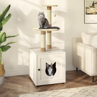 Cat House Tree Condo with Seat Litter Box Enclosure Furniture with Tree Tower and Condo, Indoor House with Sisal Scratching Post