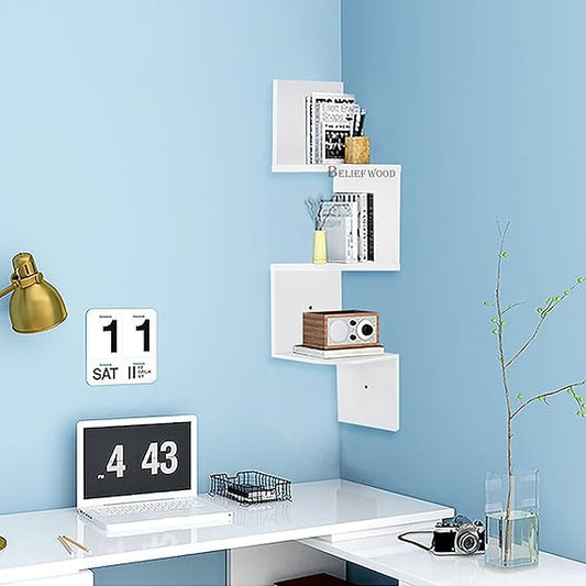 Modern Wall Corner Zig Zag Wall Shelf Corner Hanging Shelf for Living Room Stylish Floating Home Wall Decor Storage Rack Shelve for Home & Offices (Small, White)