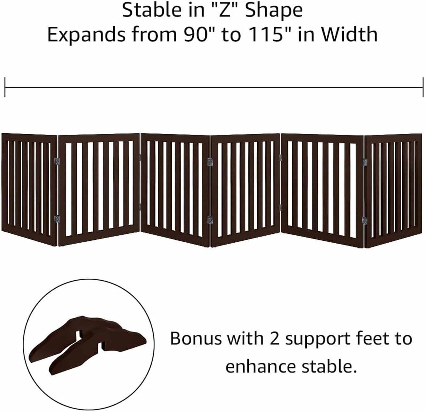 Freestanding Dog Gate | Foldable Wooden Pet Safety Gate for Dogs & Kids | Indoor Barrier with Support Feet for Stairs, Doorways, Hallways & Kitchens - 24" (Brown, 6 Panel)