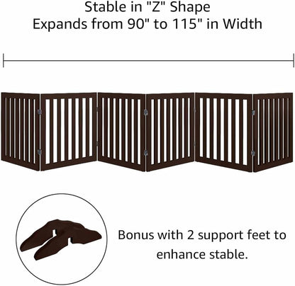 Freestanding Dog Gate | Foldable Wooden Pet Safety Gate for Dogs & Kids | Indoor Barrier with Support Feet for Stairs, Doorways, Hallways & Kitchens - 24" (Brown, 6 Panel)