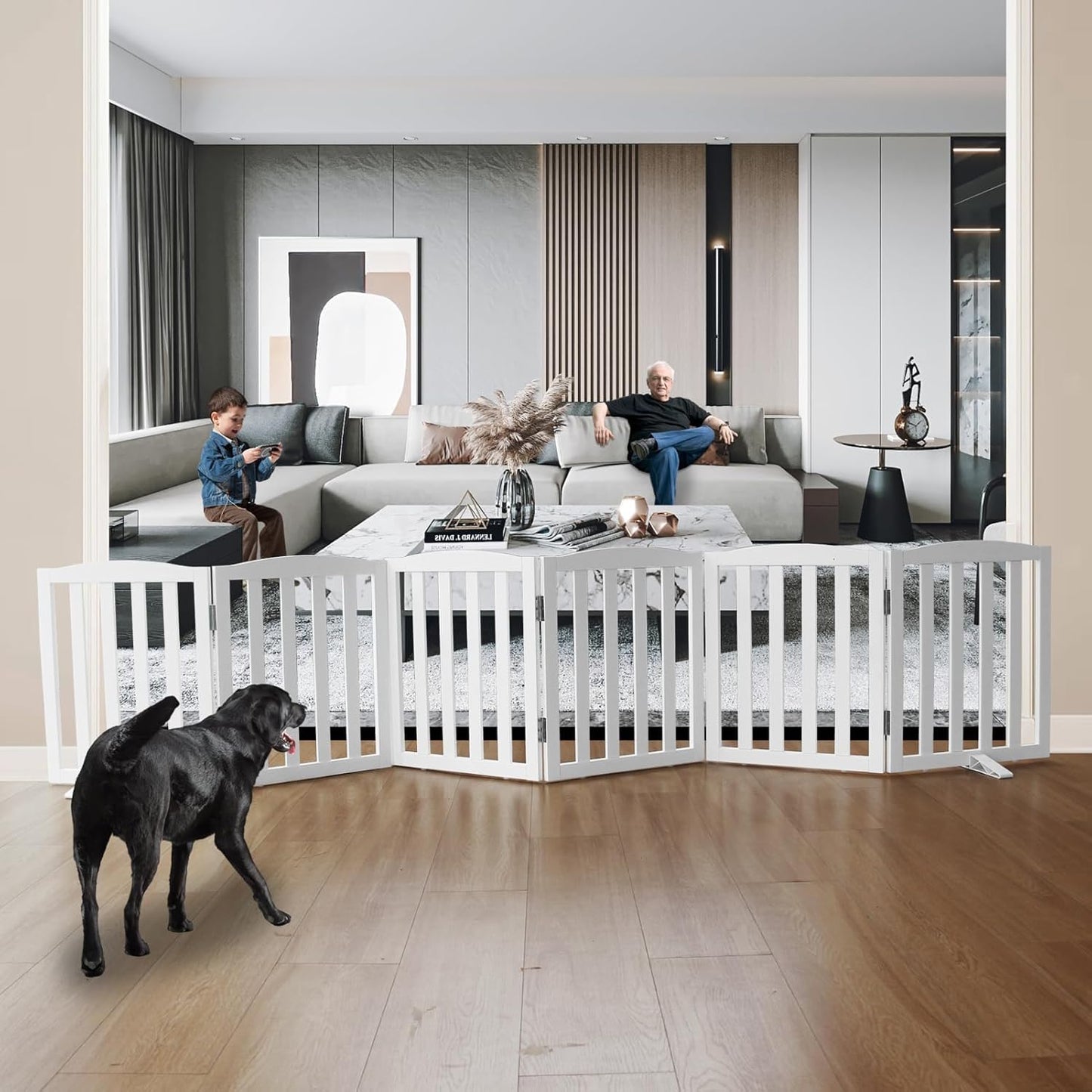 Freestanding Dog Gate | Foldable Wooden Pet Safety Gate for Dogs & Kids | Indoor Barrier with Support Feet for Stairs, Doorways, Hallways & Kitchens - 24" (White, 6 Panel)
