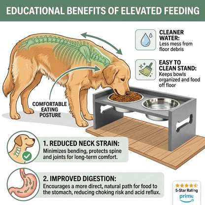 Elevated Wooden Dog Feeder with Stainless Steel Bowls | Raised Pet Food Stand for Dogs & Cats Feeding Station with Bone Cutout Design | Double Bowl Pet Feeding Table (Grey)