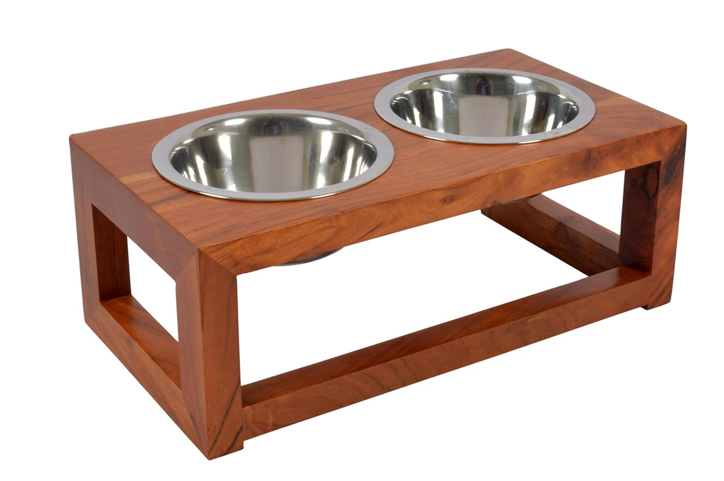 Luna Pet Feeder, Natural Acacia Wood Feeders Stand, Elevated Dog Bowls 750 ml, Food Water Diner, Durable Double Bowl Feeding Stands for Dogs - Medium (38 x 21 x 15 cm)
