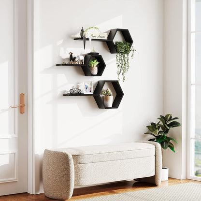 Wooden Hexagon Floating Shelves Wall Mounted Honey Comb Shelf Set of 6 Wall Decor White Wall Shelve for Bedroom Living Room Bathroom Kitchen Office (Black)