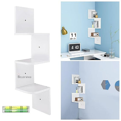 Modern Wall Corner Zig Zag Wall Shelf Corner Hanging Shelf for Living Room Stylish Floating Home Wall Decor Storage Rack Shelve for Home & Offices (Small, White)
