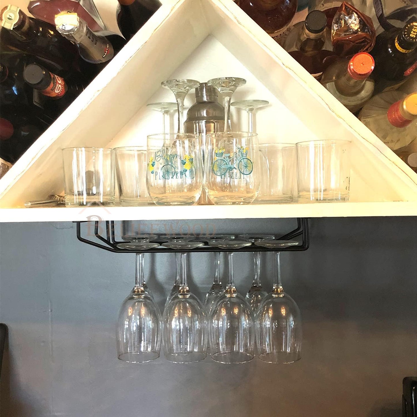 Modern Wine Glass Rack Under Cabinet Black, Metal Wine Glass Holder, Stemware Rack Under Shelf, Wine Glasses Storage Hanger, 35.5cm (Set of 2) (2)
