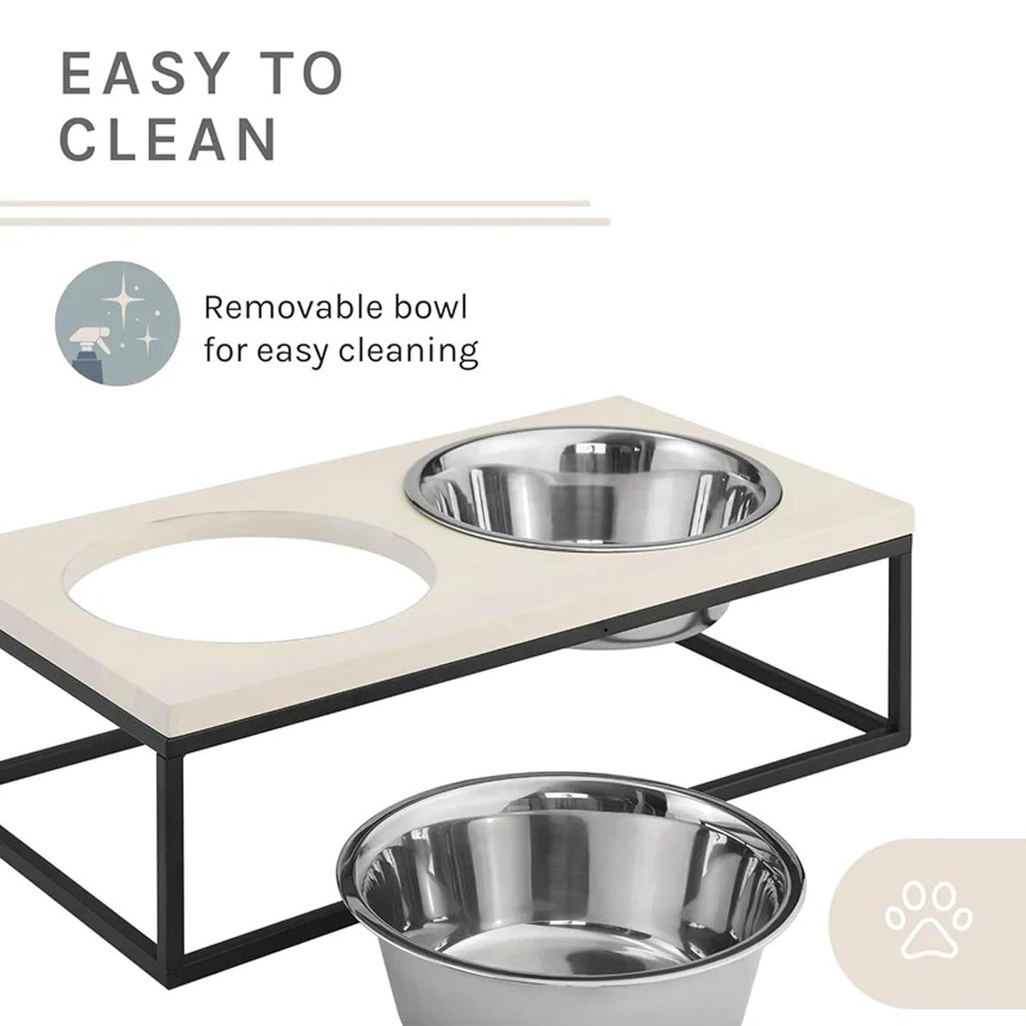 Elevated Dog Bowl Stand with Wooden Top, Metal Frame, 2 Stainless Steel Bowls, Modern Raised Feeder for Small & Medium Dogs