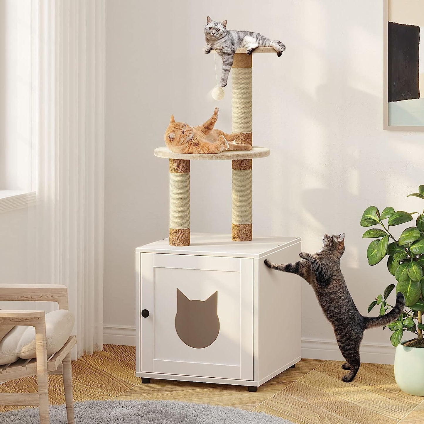 Cat House Tree Condo with Seat Litter Box Enclosure Furniture with Tree Tower and Condo, Indoor House with Sisal Scratching Post