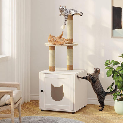 Cat House Tree Condo with Seat Litter Box Enclosure Furniture with Tree Tower and Condo, Indoor House with Sisal Scratching Post