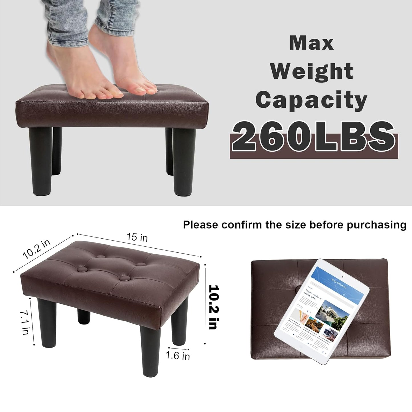 Ottoman Foot Rest, PVC Small Ottoman Foot Stool with Legs Modern Footstool Ottomans for Living Room Entryway Office, Brown
