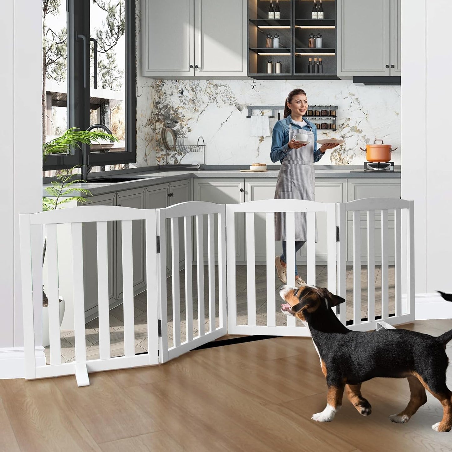 Freestanding Dog Gate | Foldable Wooden Pet Safety Gate for Dogs & Kids | Indoor Barrier with Support Feet for Stairs, Doorways, Hallways & Kitchens - 24" (White, 4 Panel)