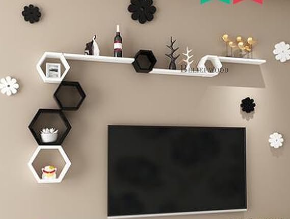 Wooden Hexagon Floating Wall Mounted Shelves Honeycomb Shelves Set of 6 Shelf for Wall Decor White Decorative Wall Shelves Living Room Bathroom Kitchen Office (Black & White)
