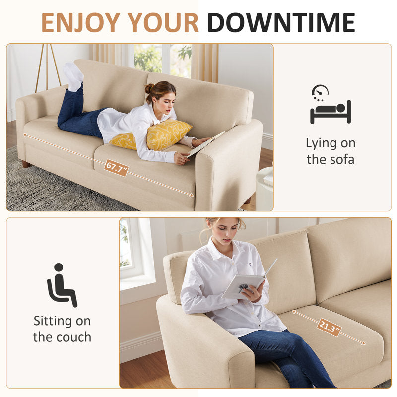 Modern Beige Fabric 3-Seater Loveseat Sofa for Living Room – Upholstered Couch with Solid Wood Legs