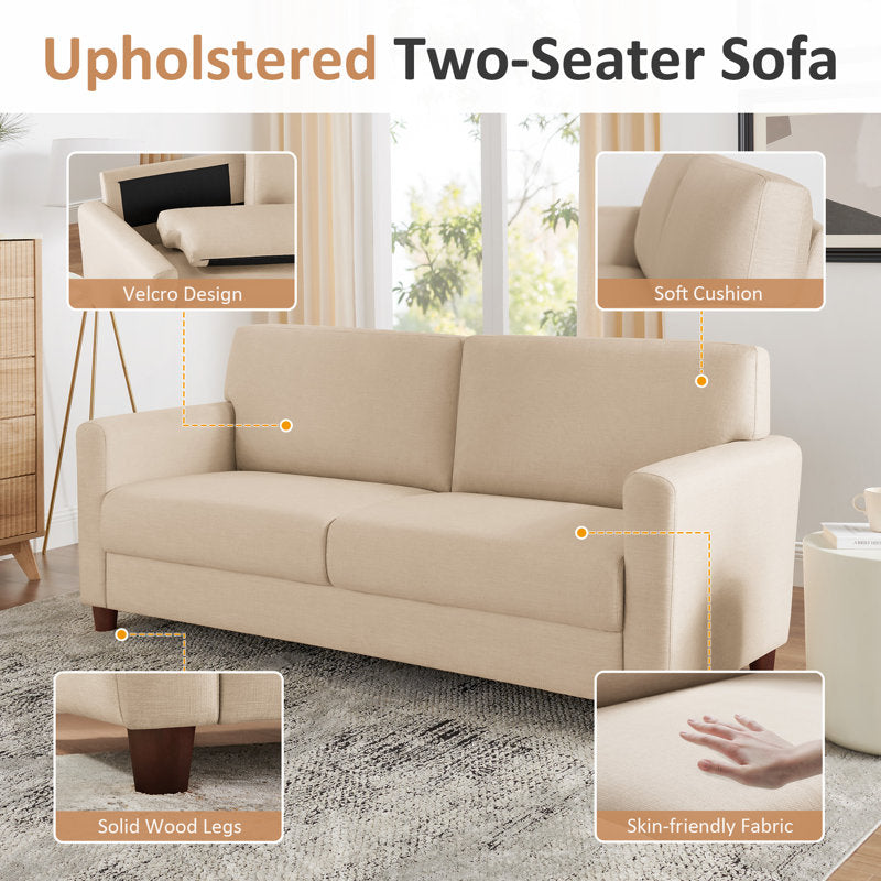 Modern Beige Fabric 3-Seater Loveseat Sofa for Living Room – Upholstered Couch with Solid Wood Legs