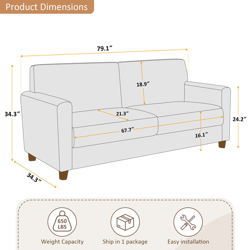 Modern Beige Fabric 3-Seater Loveseat Sofa for Living Room – Upholstered Couch with Solid Wood Legs
