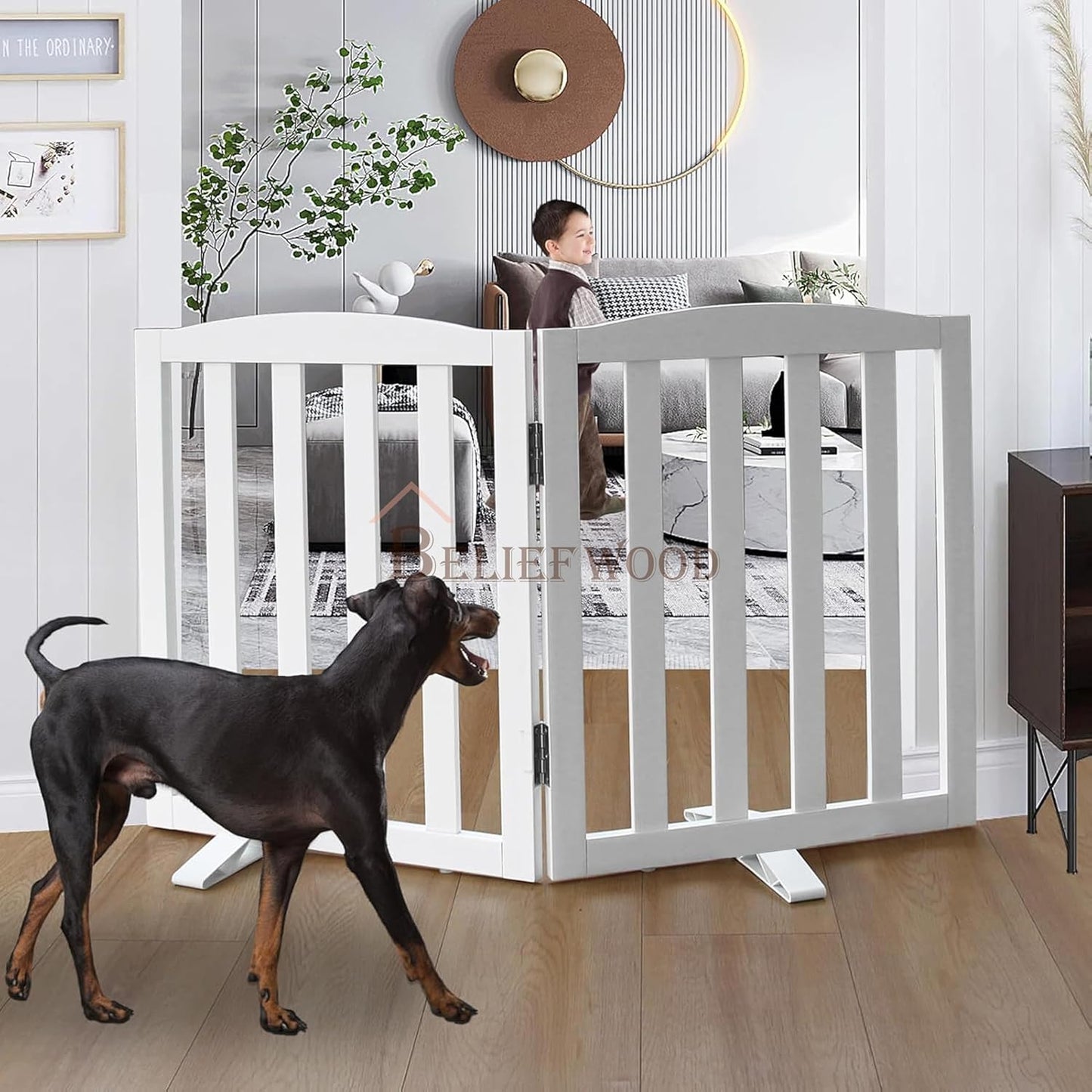 Freestanding Dog Gate | Foldable Wooden Pet Safety Gate for Dogs & Kids | Indoor Barrier with Support Feet for Stairs, Doorways, Hallways & Kitchens - 24" (White, 2 Panel)